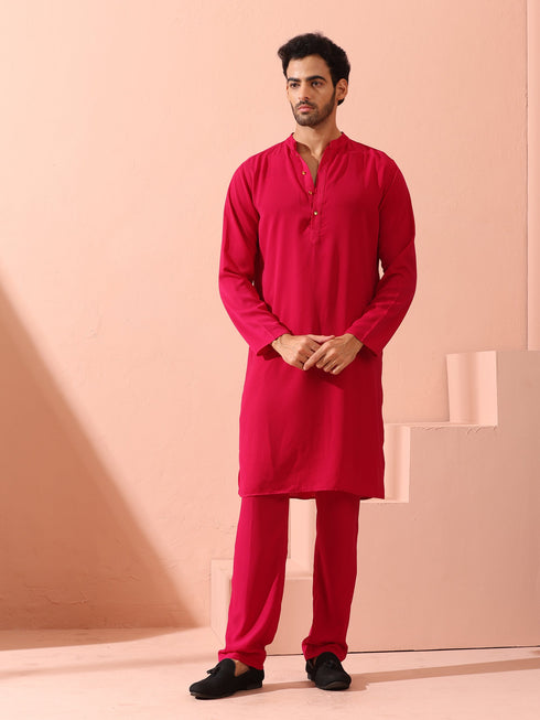 Fuchsia Korean Fabric Kurta with Gold Buttons