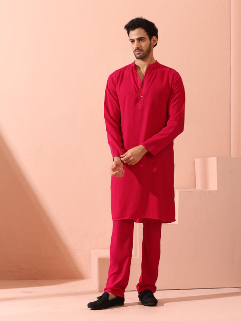 Fuchsia Korean Fabric Kurta with Gold Buttons