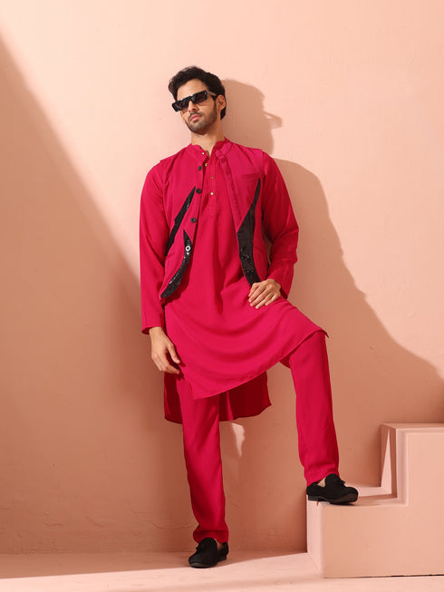 Fuchsia Korean Fabric Kurta with Gold Buttons