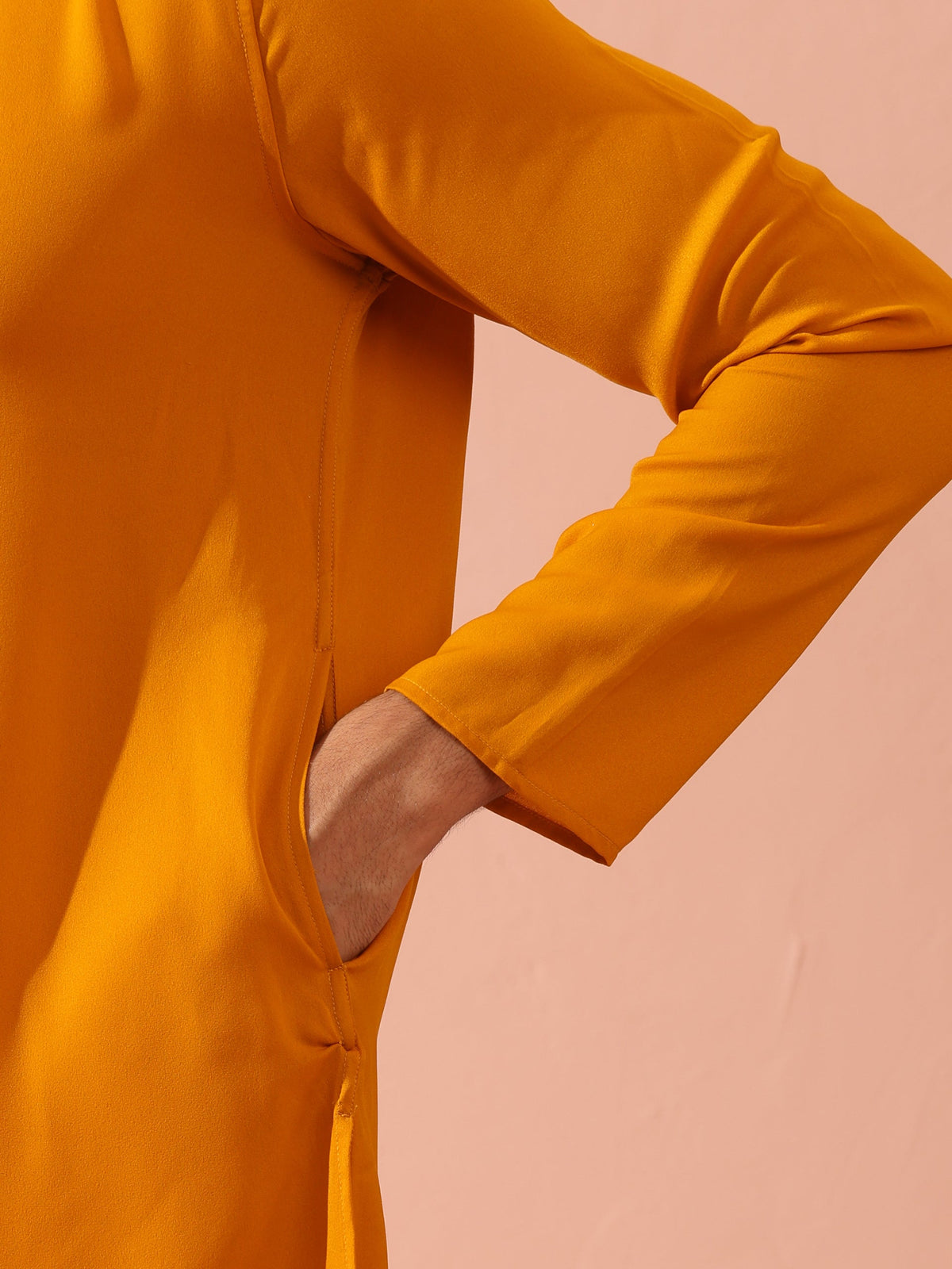 Mustard Korean fabric kurta with gold buttons — view 7
