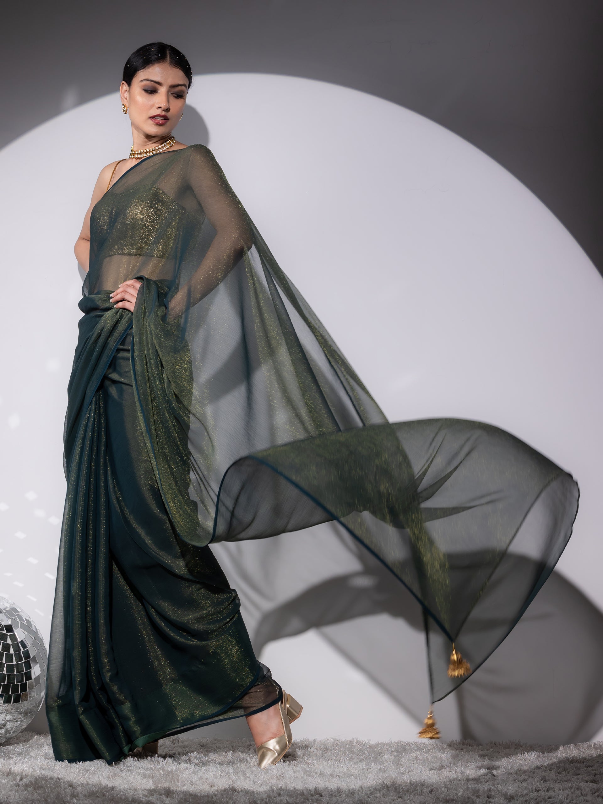 Henna shimmer and shine chiffon saree with pendants
