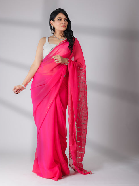 SET | Pink Gold Chiffon Saree with Iridescent Sequin Square Neck Blouse - 2 Piece