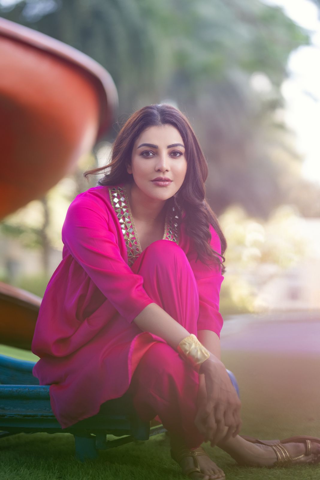 Women's Fuchsia Kurta Set with Mirror Lace and Pants 2 Piece Set | Straight Fit, V Neck, 3/4 Sleeves, Pants, Festive Wear, (Satin)