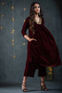 Women's Burgundy Velvet Kurta with Mirror Lace and Pants 2 Piece Set | Straight Fit, V Neck, 3/4 Sleeves, Pants, Festive Wear, (Velvet)