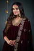 Women's Burgundy Velvet Kurta with Mirror Lace and Pants 2 Piece Set | Straight Fit, V Neck, 3/4 Sleeves, Pants, Festive Wear, (Velvet)