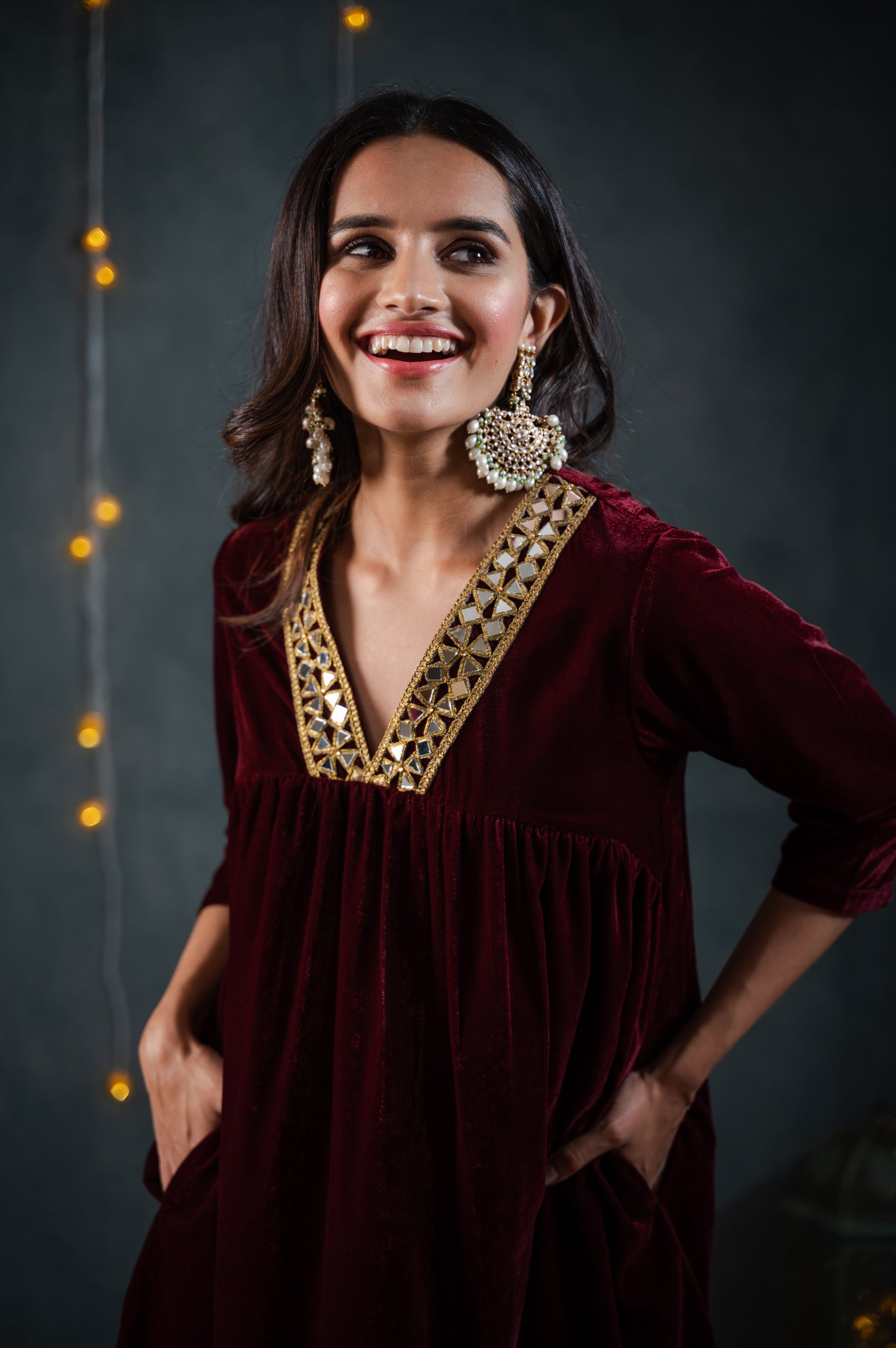 Women's Burgundy Velvet Kurta with Mirror Lace and Pants 2 Piece Set | Straight Fit, V Neck, 3/4 Sleeves, Pants, Festive Wear, (Velvet)