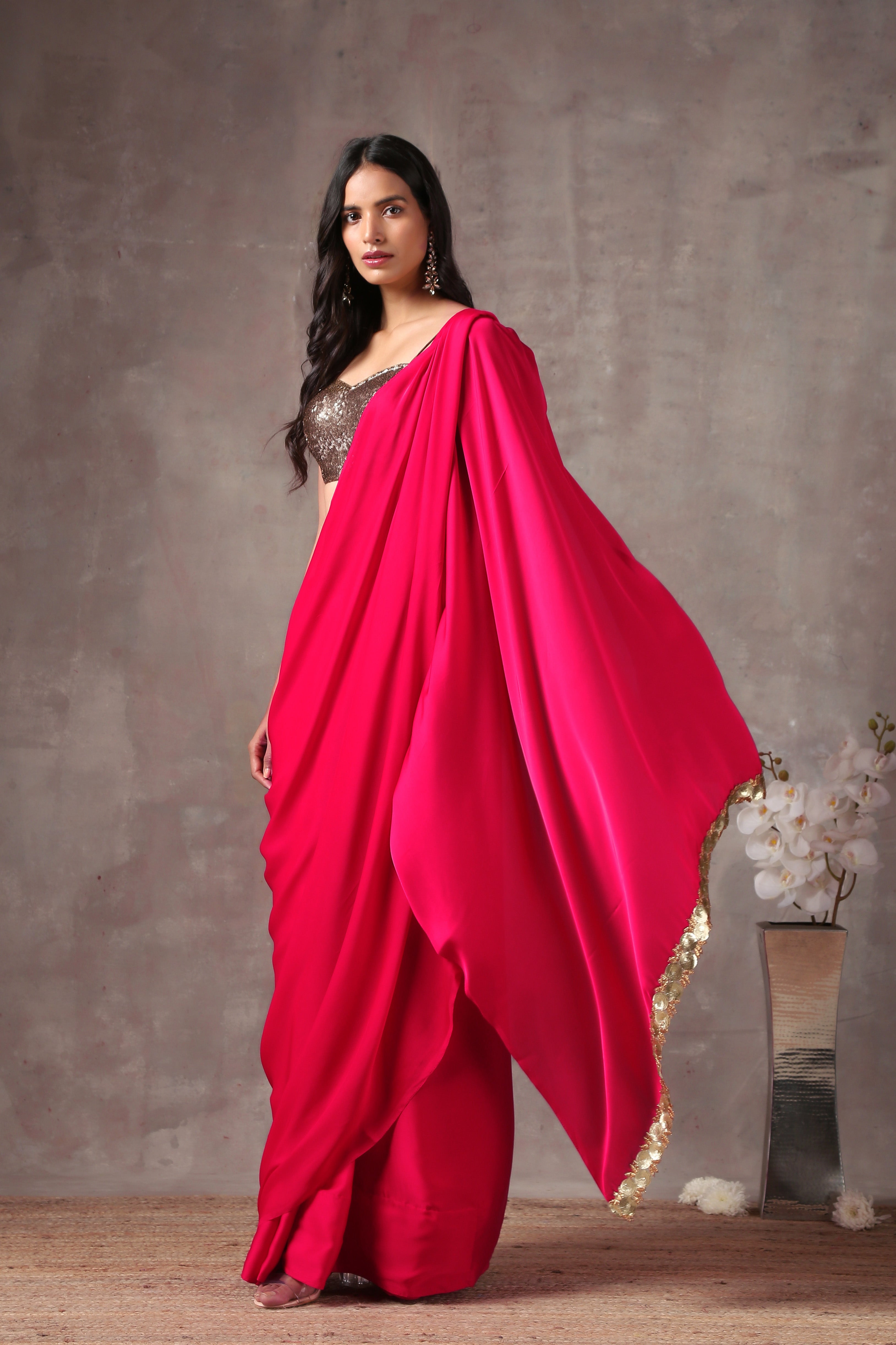 Intense Pink Satin Saree with Sequin on edge