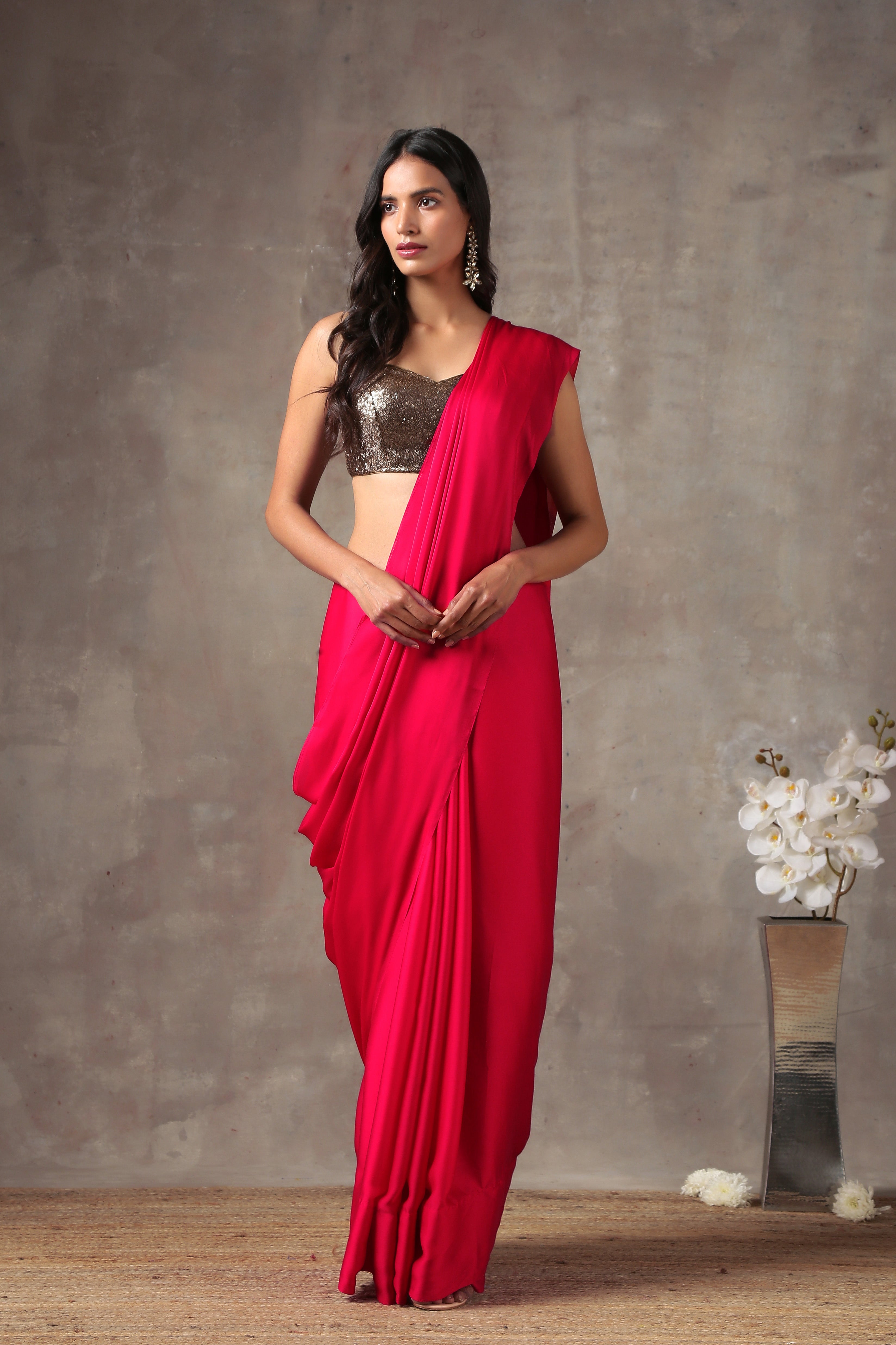 Intense Pink Satin Saree with Sequin on edge