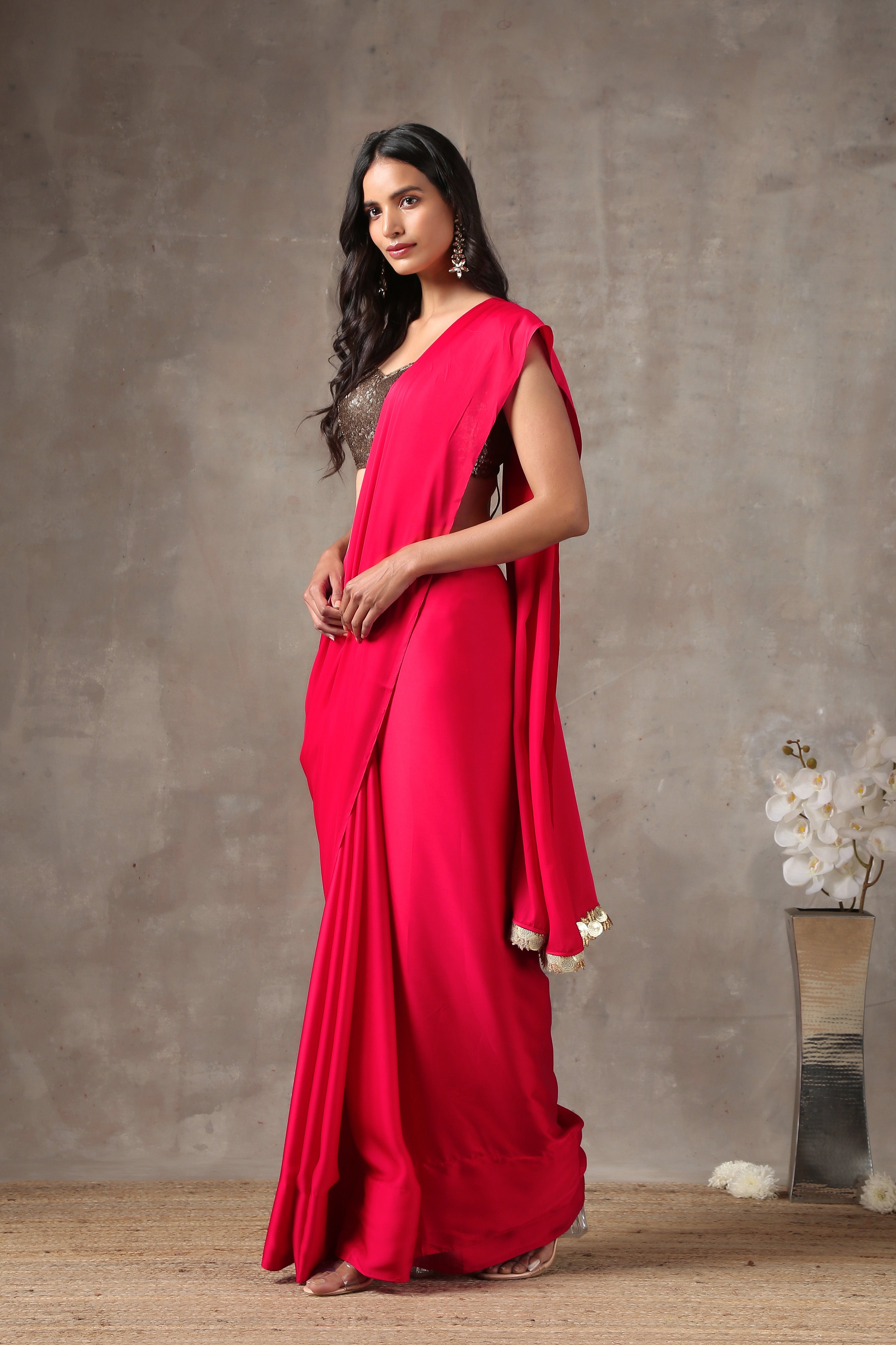 Intense Pink Satin Saree with Sequin on edge