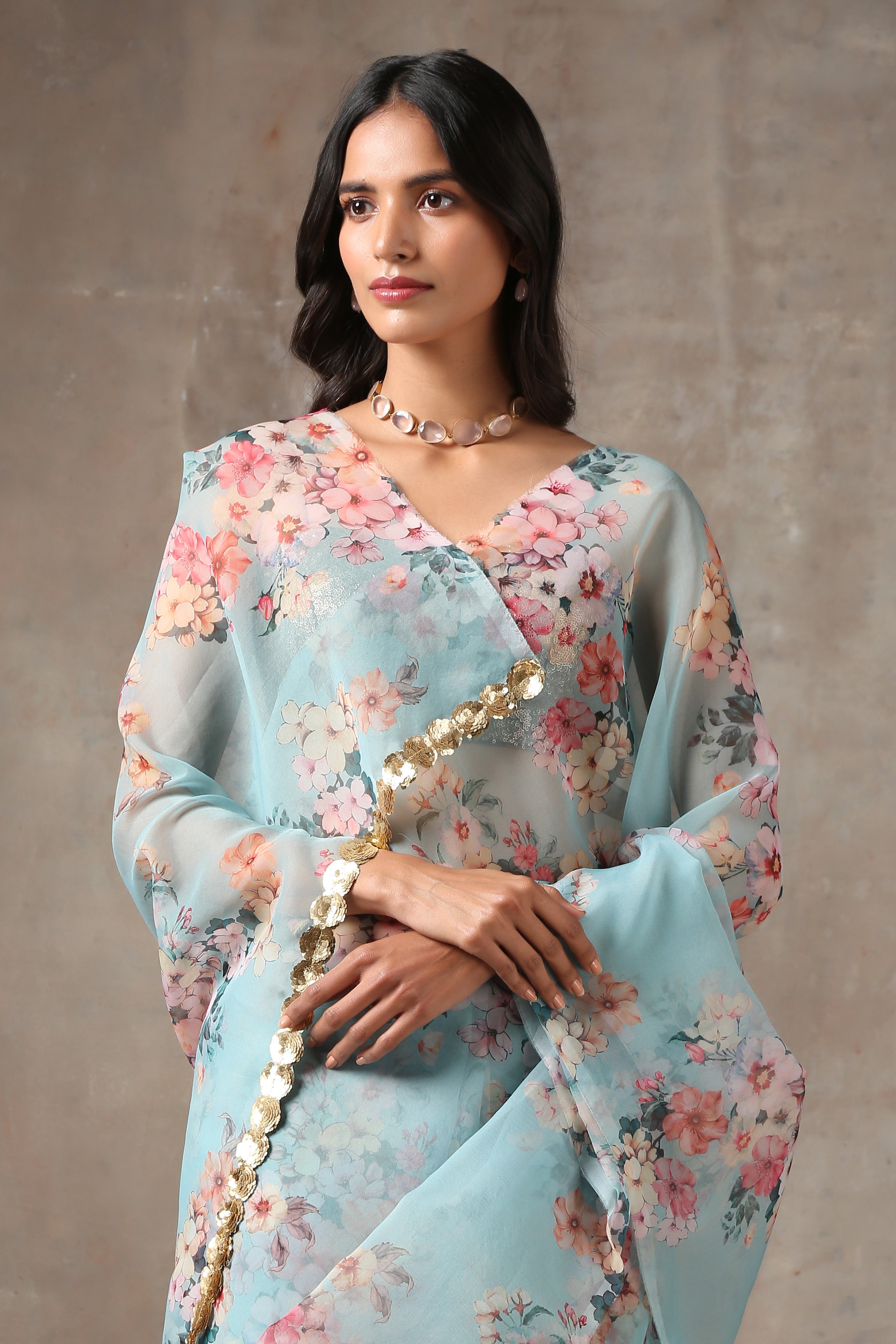 Spring bloom mint organza saree — view 5