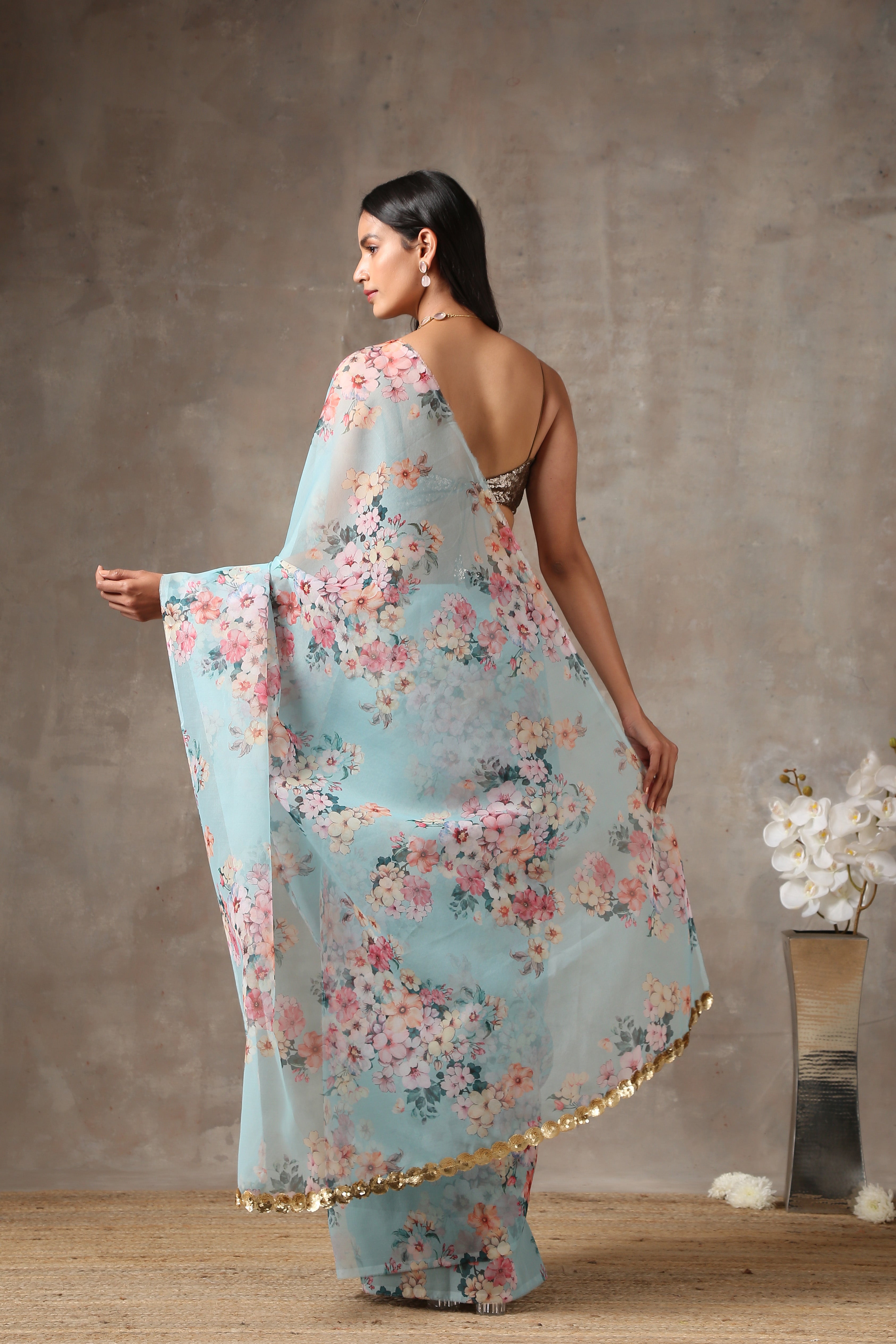 Spring bloom mint organza saree — view 6