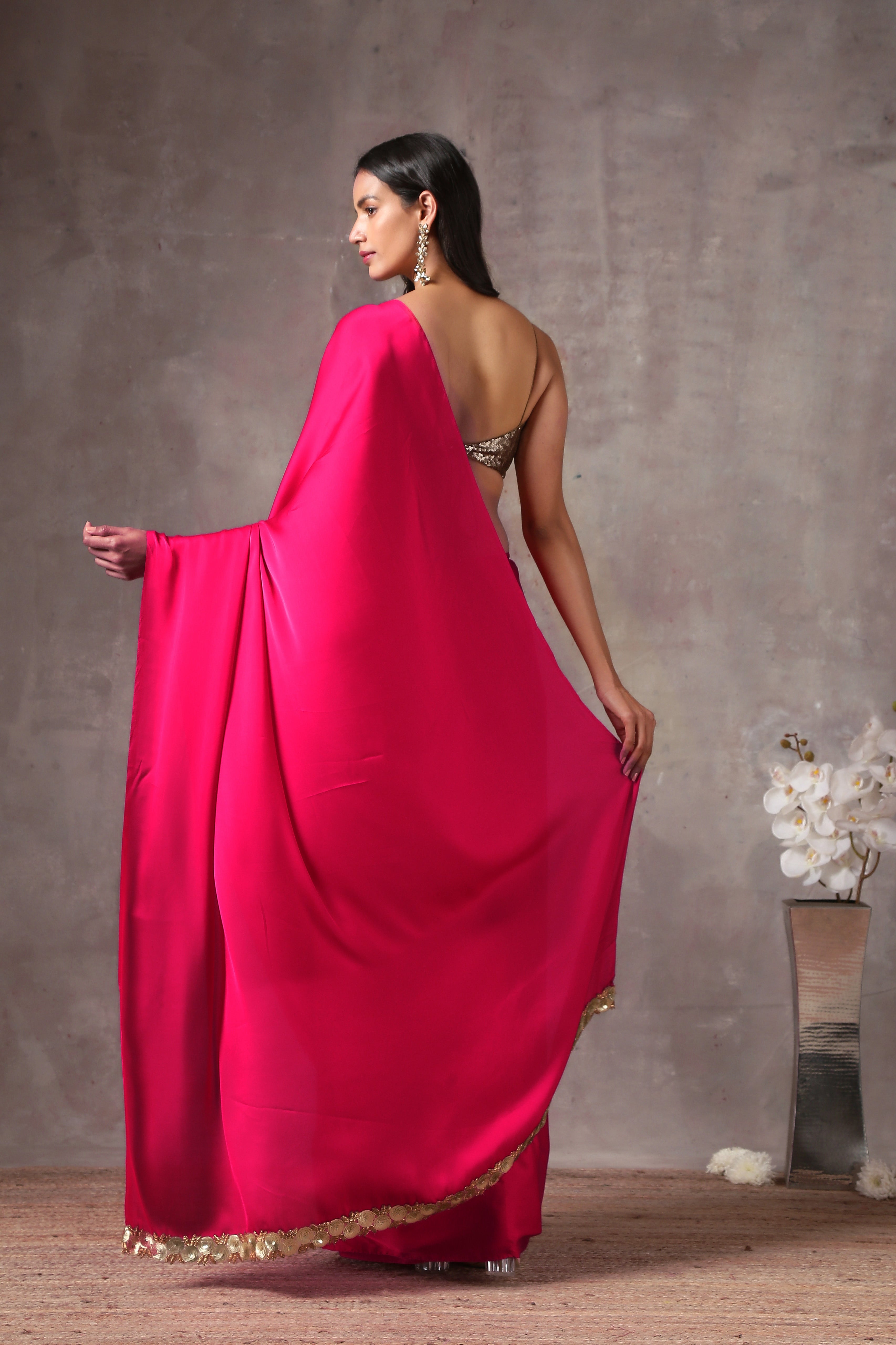 Intense Pink Satin Saree with Sequin on edge