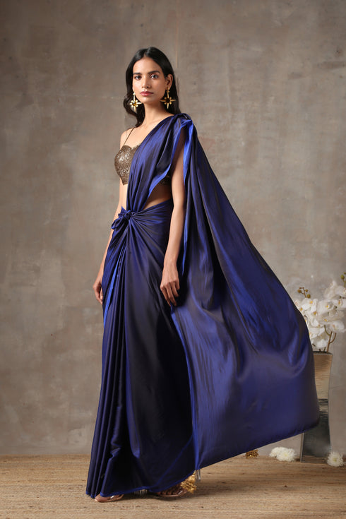 Midnight Blue Satin Saree