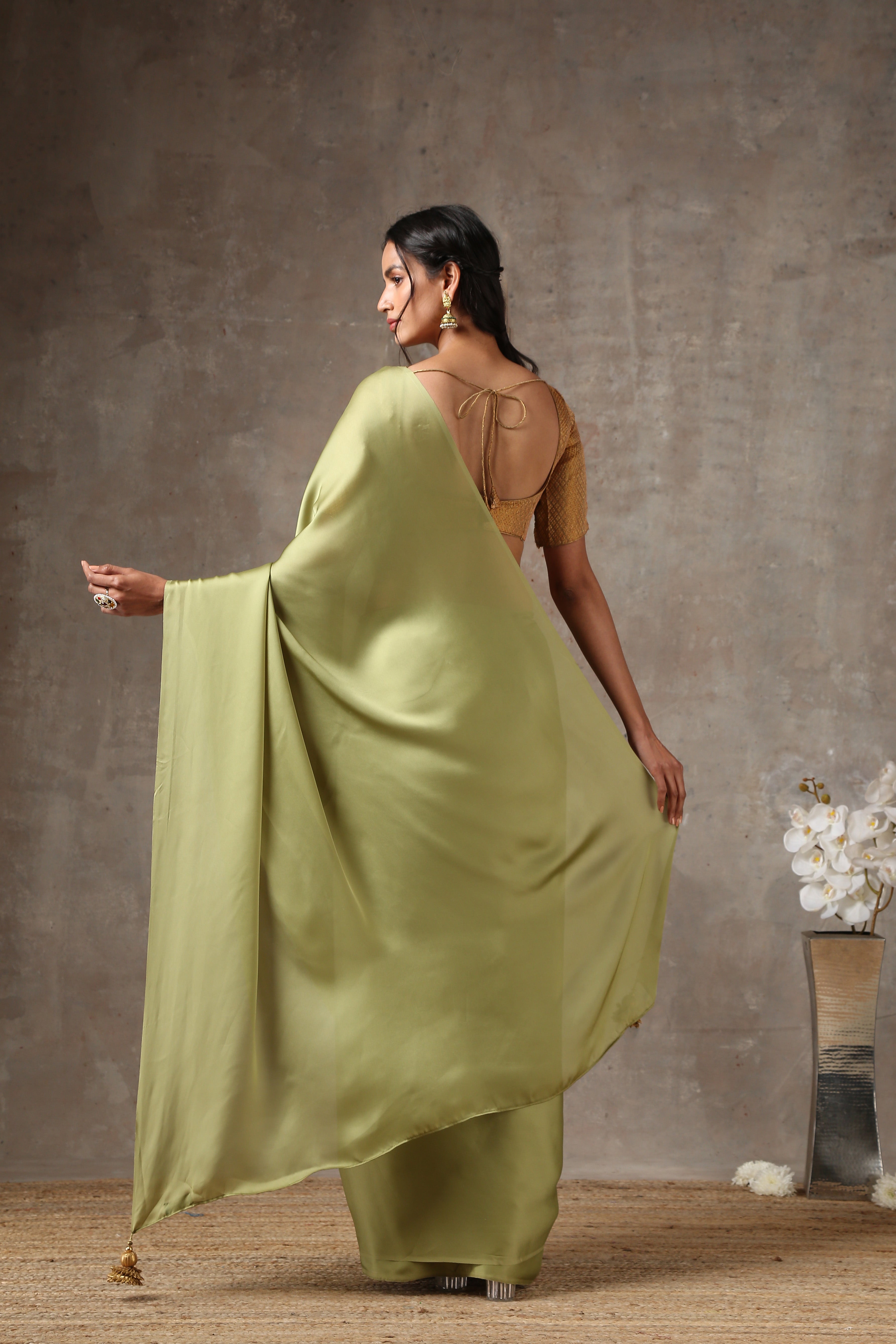 Sage angel satin saree with gold pendants — view 5