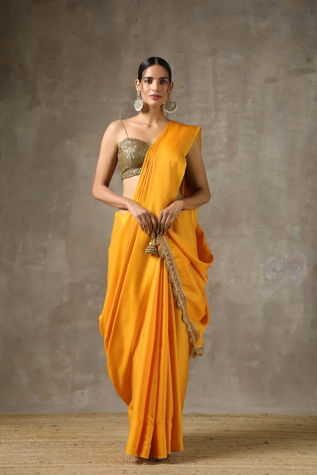 Ochre saree with handmade lace on edge with pendants — view 4