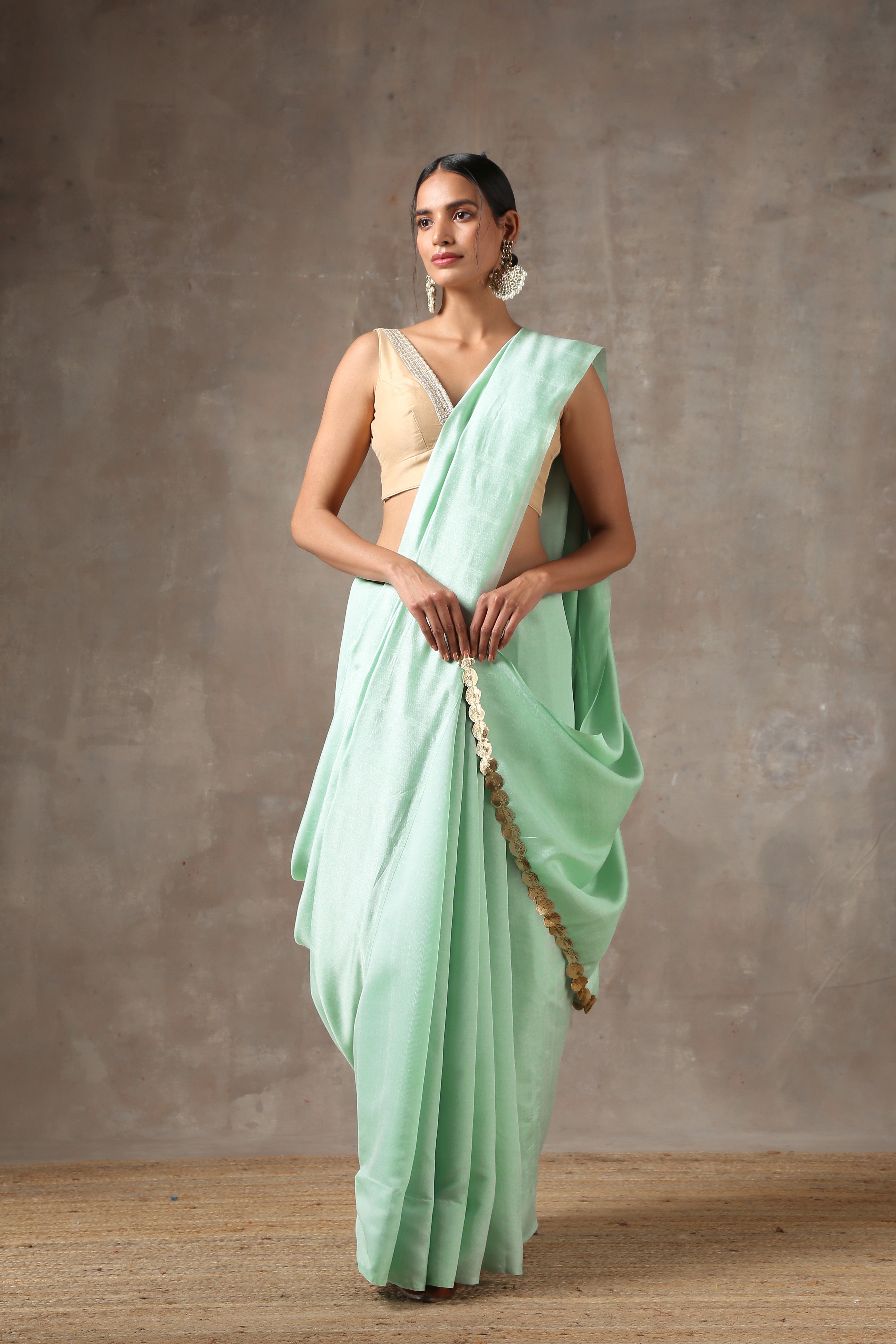 Mint bloom saree with lace on edge