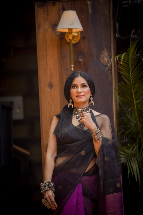 Wine Black Chanderi Saree with Blouse Fabric