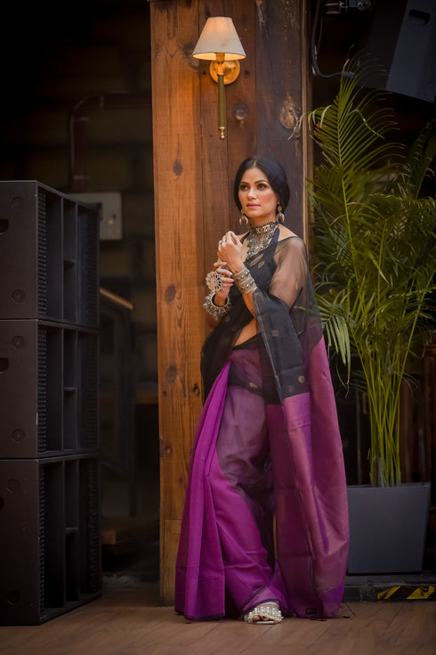 Wine Black Chanderi Saree with Blouse Fabric