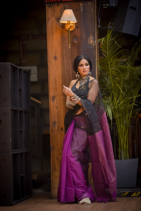 Wine Black Chanderi Saree with Blouse Fabric