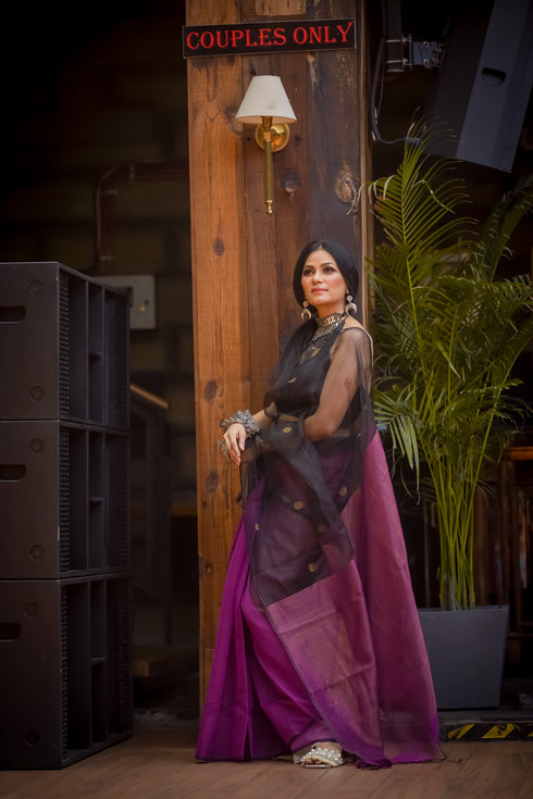 Wine Black Chanderi Saree with Blouse Fabric