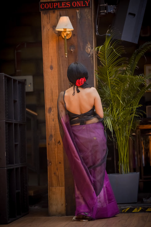 Wine Black Chanderi Saree with Blouse Fabric