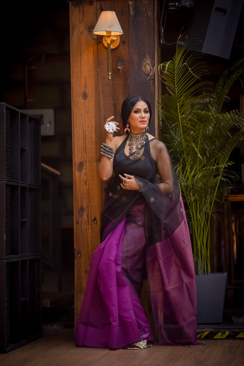 Wine Black Chanderi Saree with Blouse Fabric