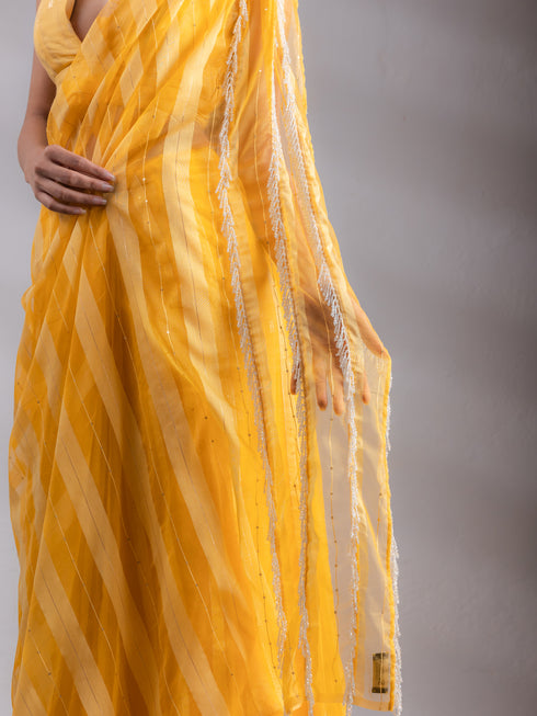 Organza Yellow Hide and Seek Stripes Saree with Blouse Fabric