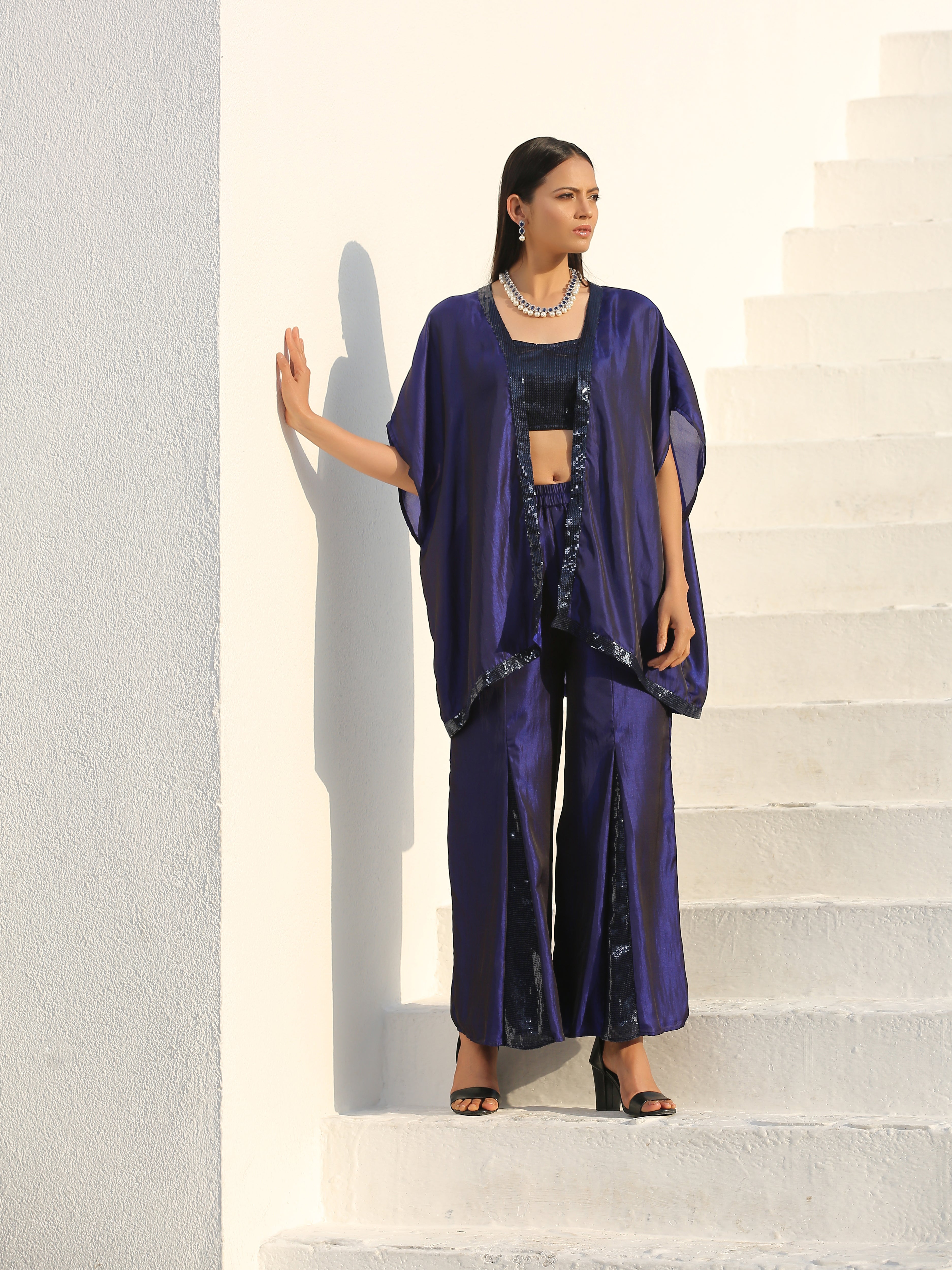 Midnight & bewildering blue sequin godet pant style with cape — view 5