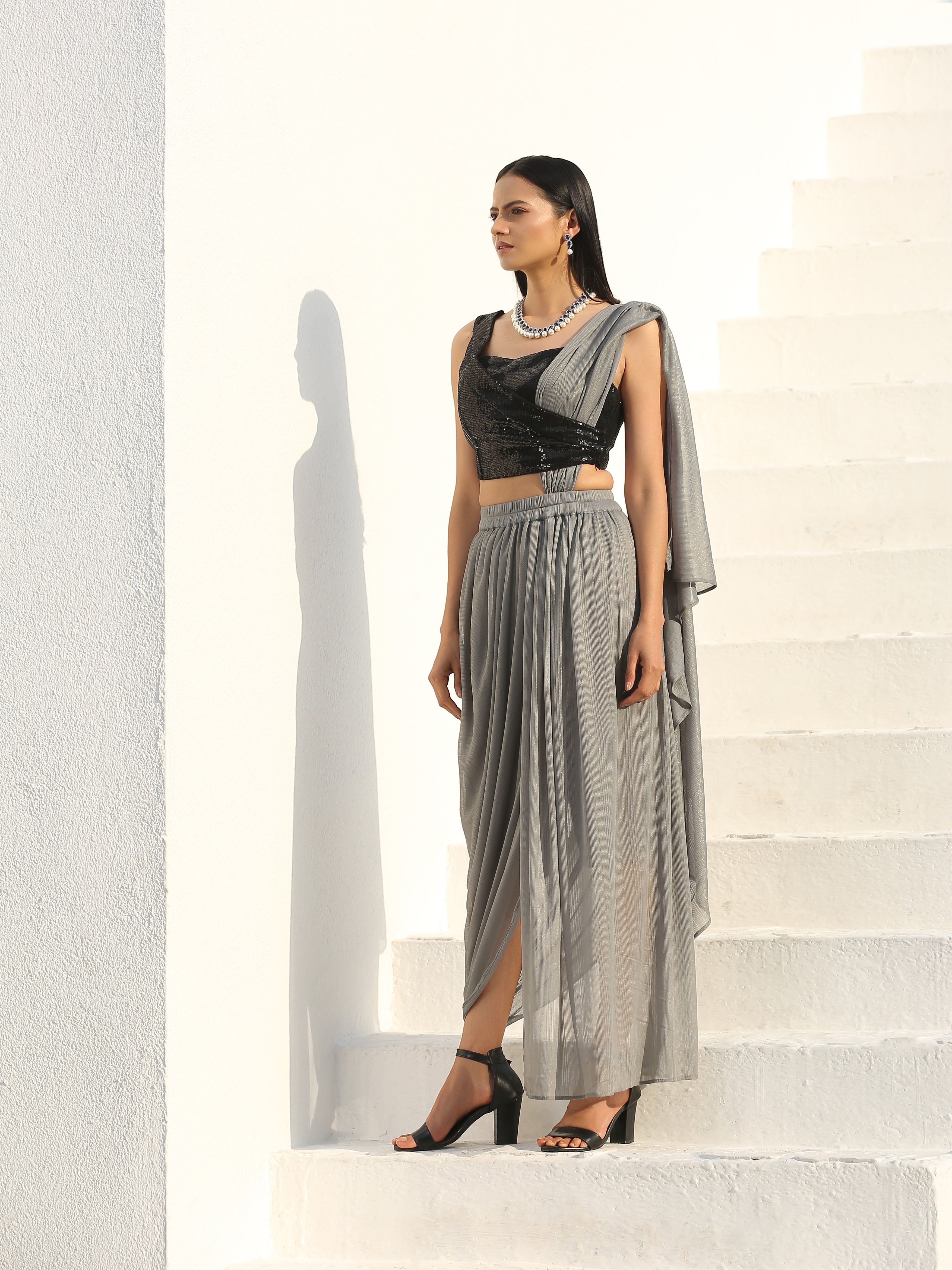 SET | Pre-draped Dove Grey Gold Pant Saree + Metal Strap Sequin Blouse