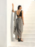 SET | Pre-draped Dove Grey Gold Pant Saree + Metal Strap Sequin Blouse