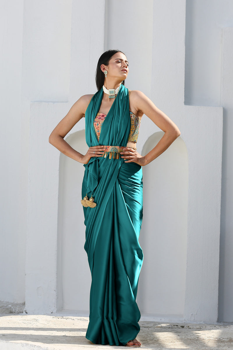 Rich Emerald Green Satin Saree with Bronze Pendants