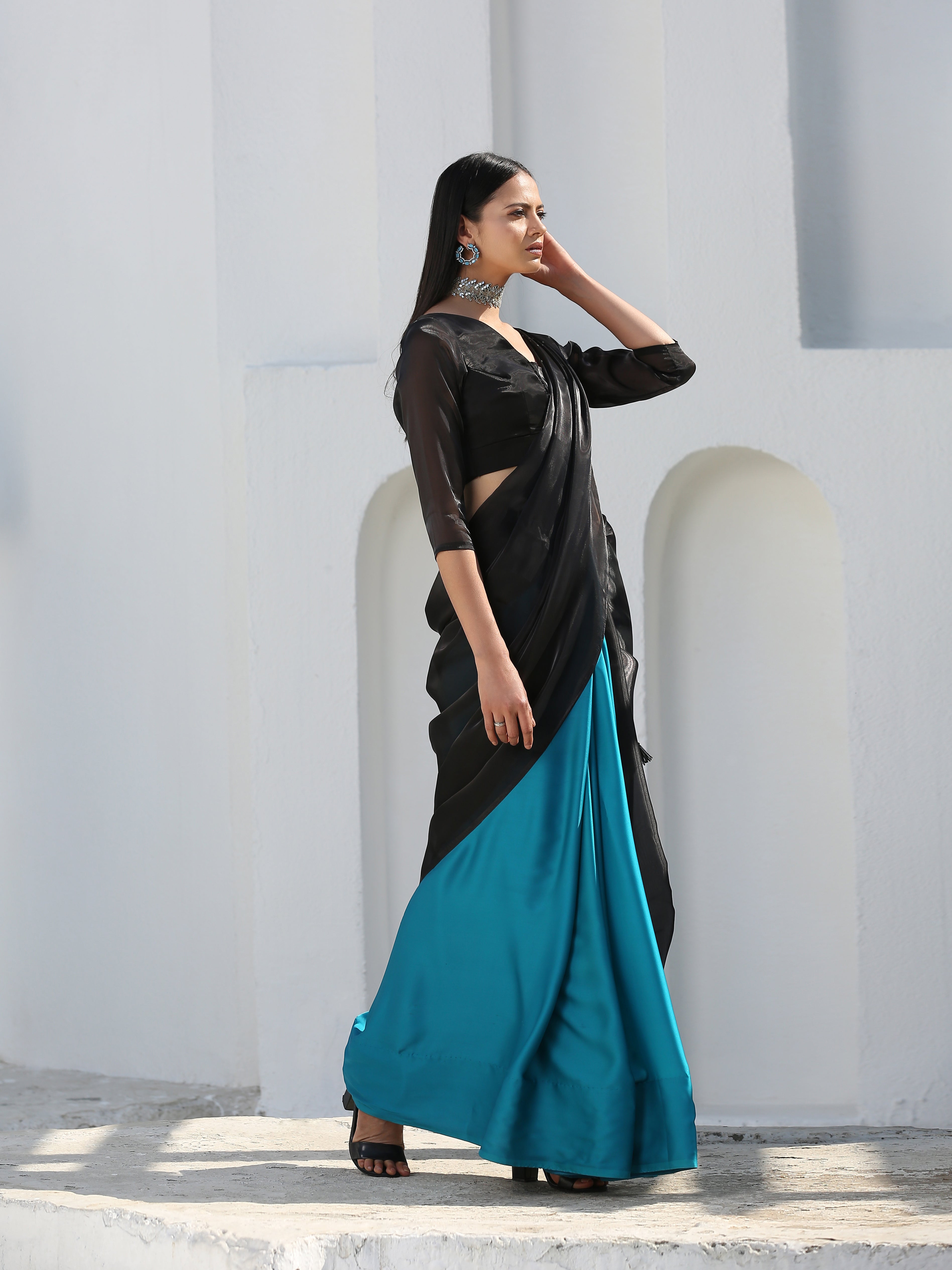 Mystic blue & black saree — view 6