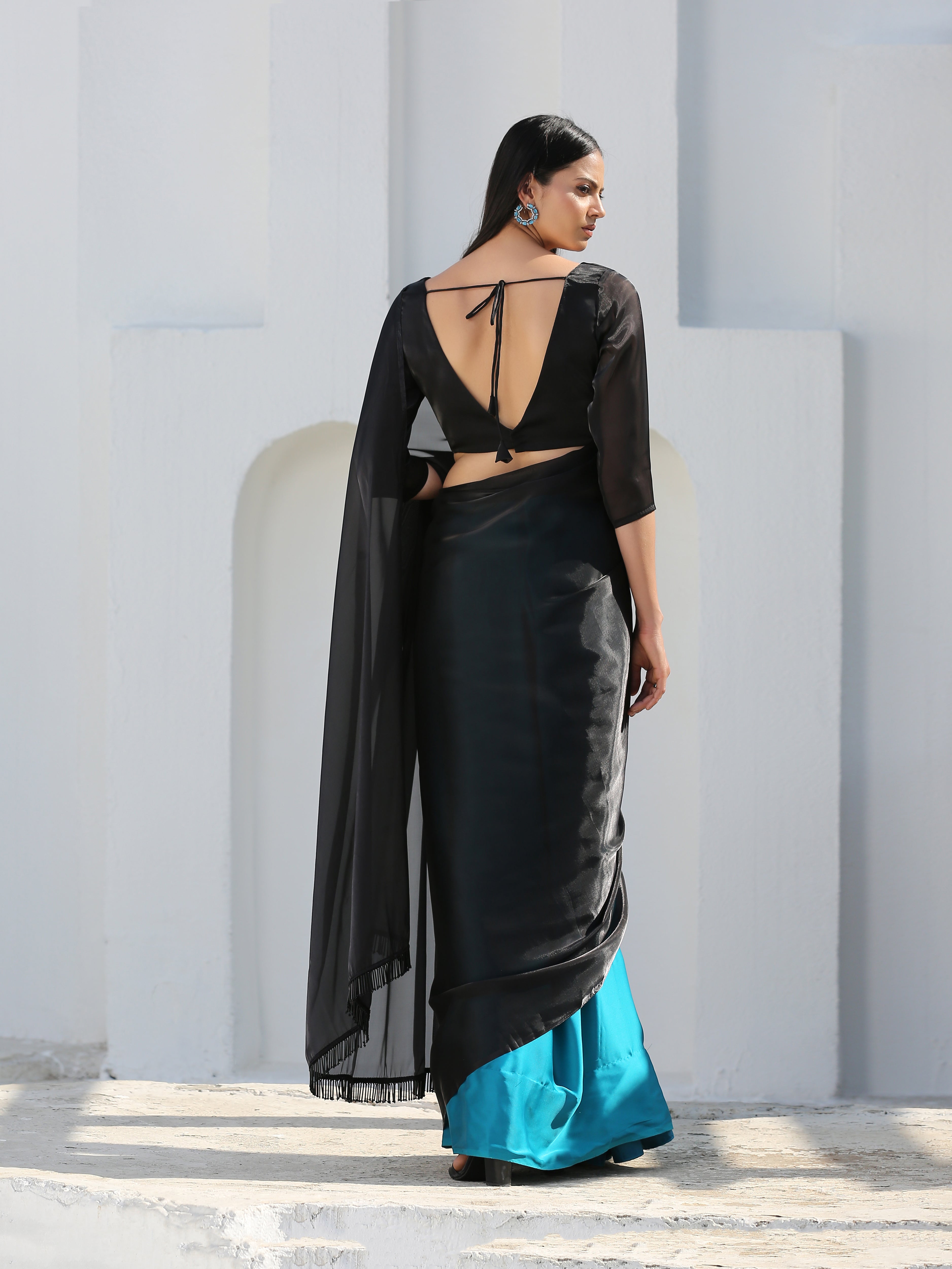 Mystic blue & black saree — view 2