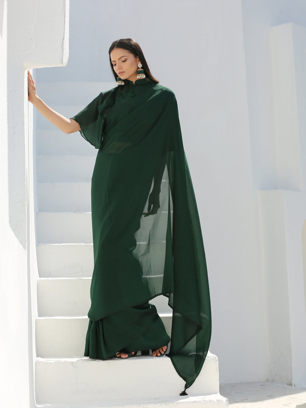 Lush green shimmer saree — view 6