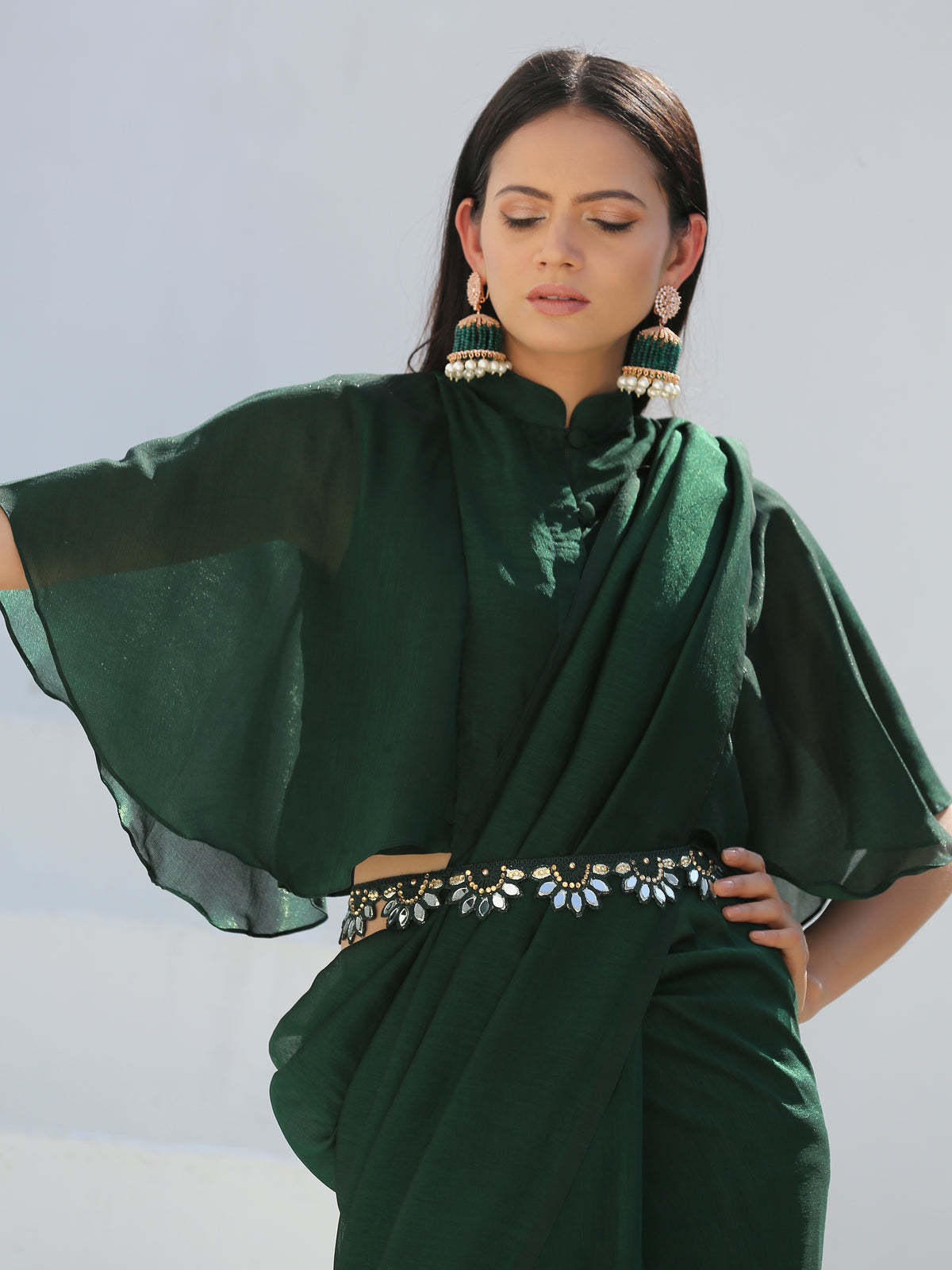 Lush green shimmer saree — view 2
