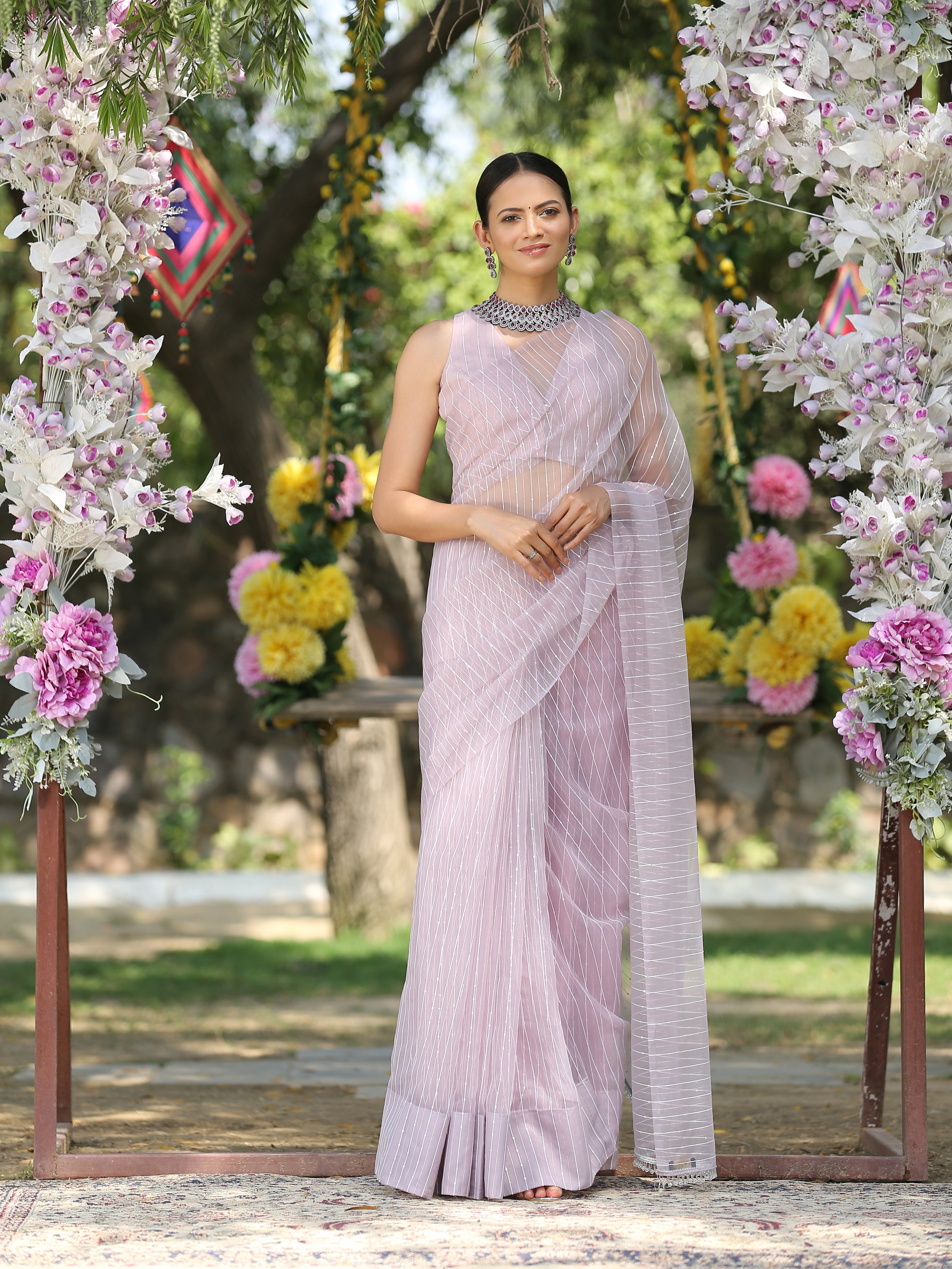 Lilac sparkle saree with beaded lace — view 4