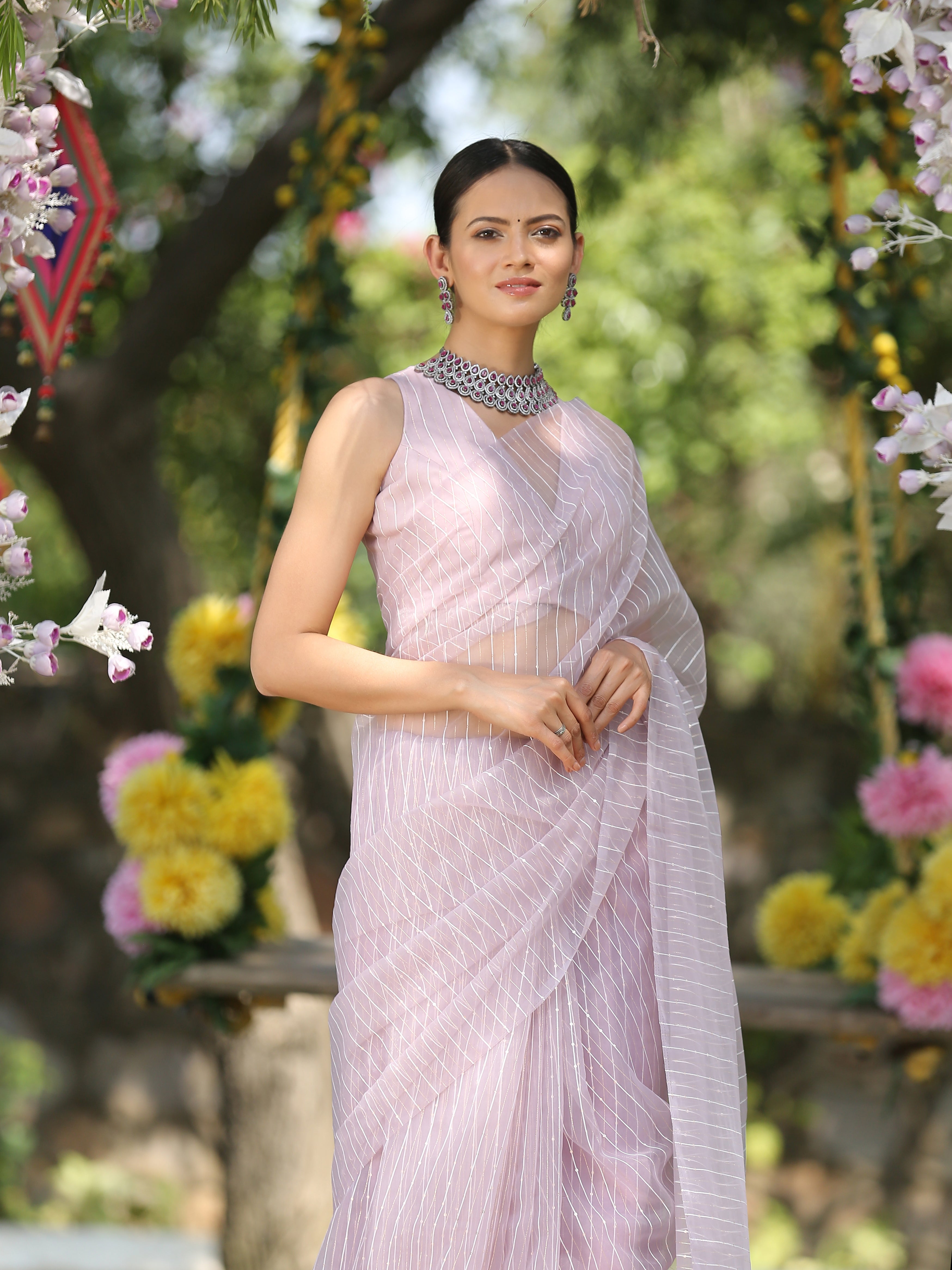 Lilac sparkle saree with beaded lace — view 6