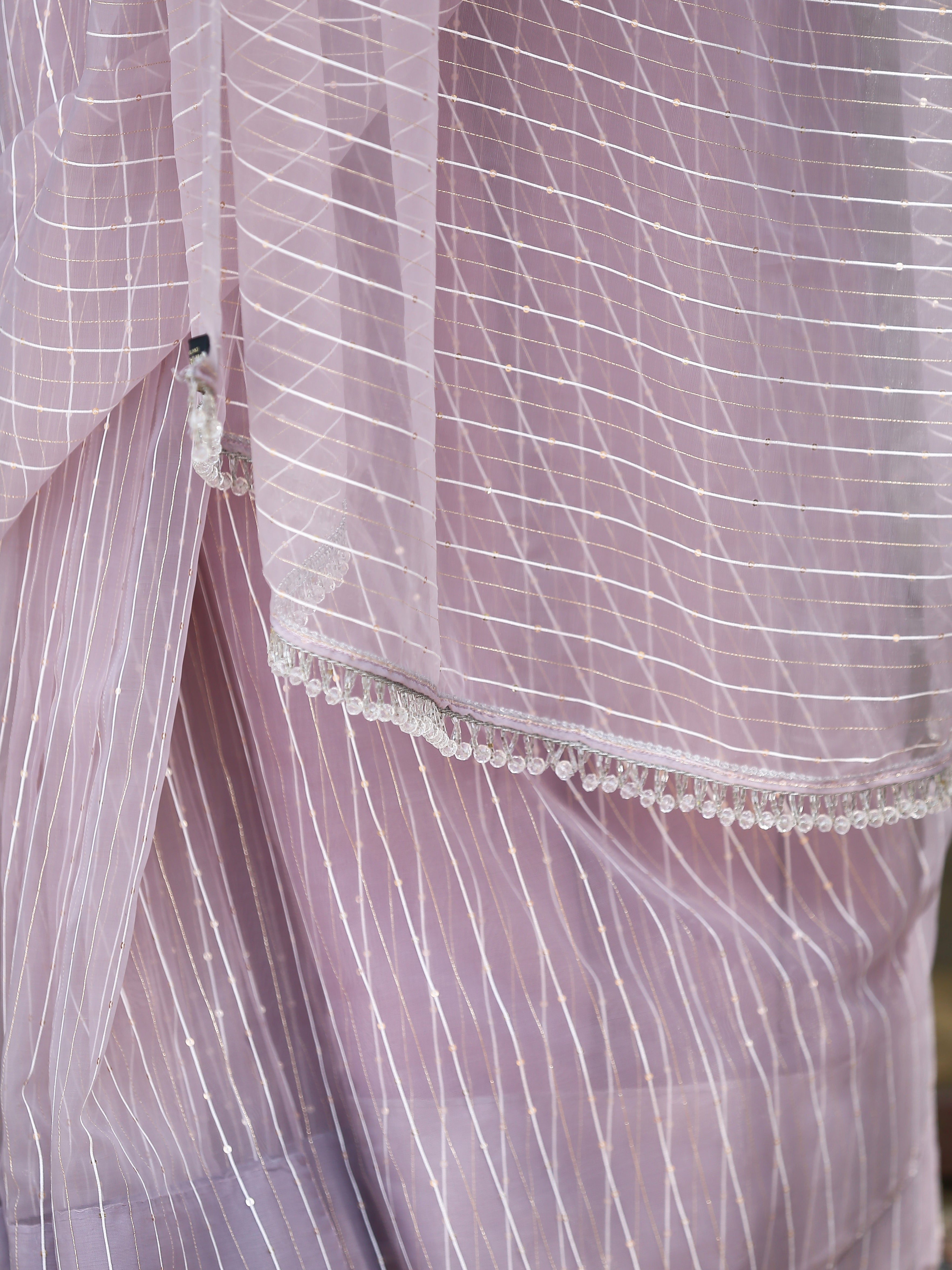 Lilac sparkle saree with beaded lace — view 2