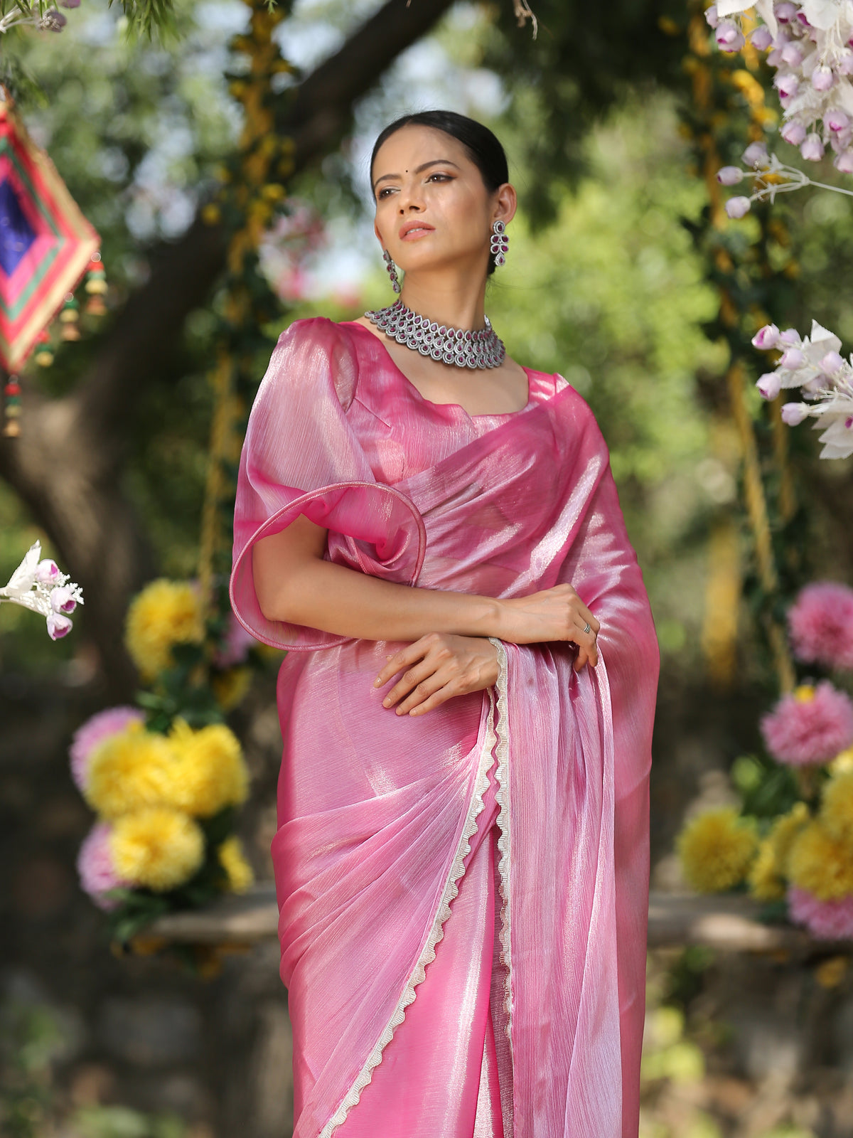 Glam pink saree with silver lace — view 4