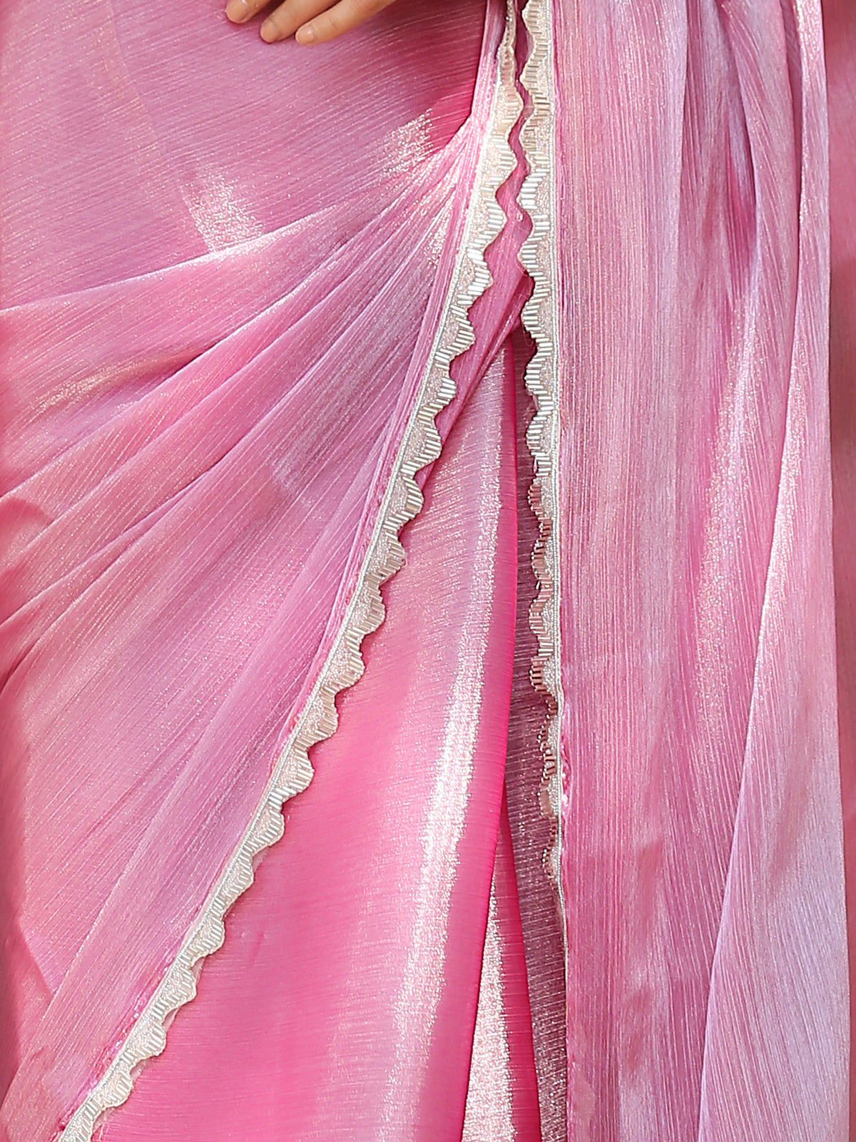 Glam pink saree with silver lace — view 2