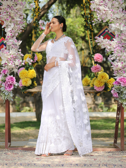 SET I Angel White Net Saree with Embroidery & Scalloping + Blouse