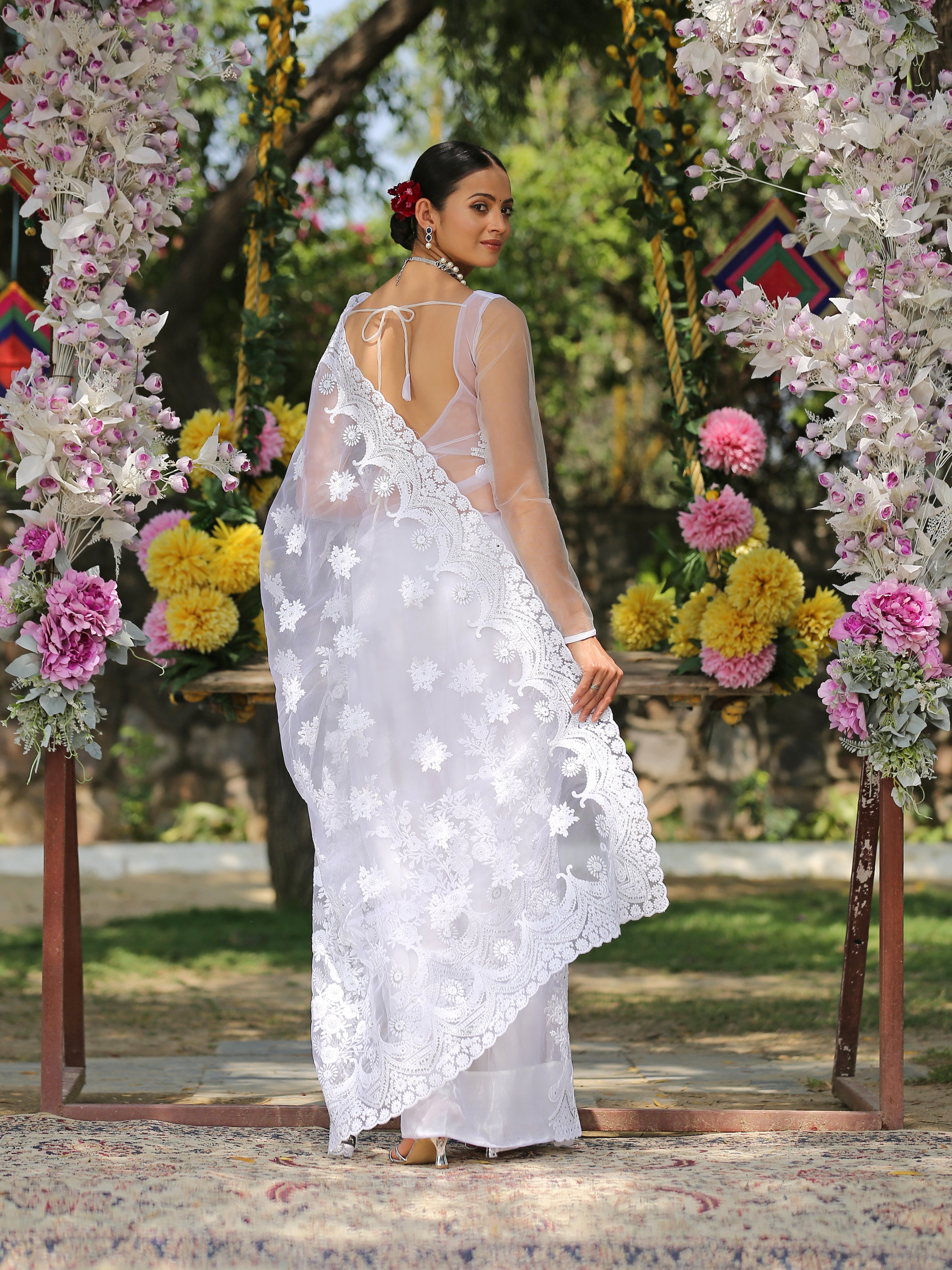 Angel White Net Saree with Embroidery & Scalloping