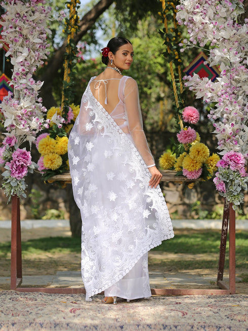 SET I Angel White Net Saree with Embroidery & Scalloping + Blouse