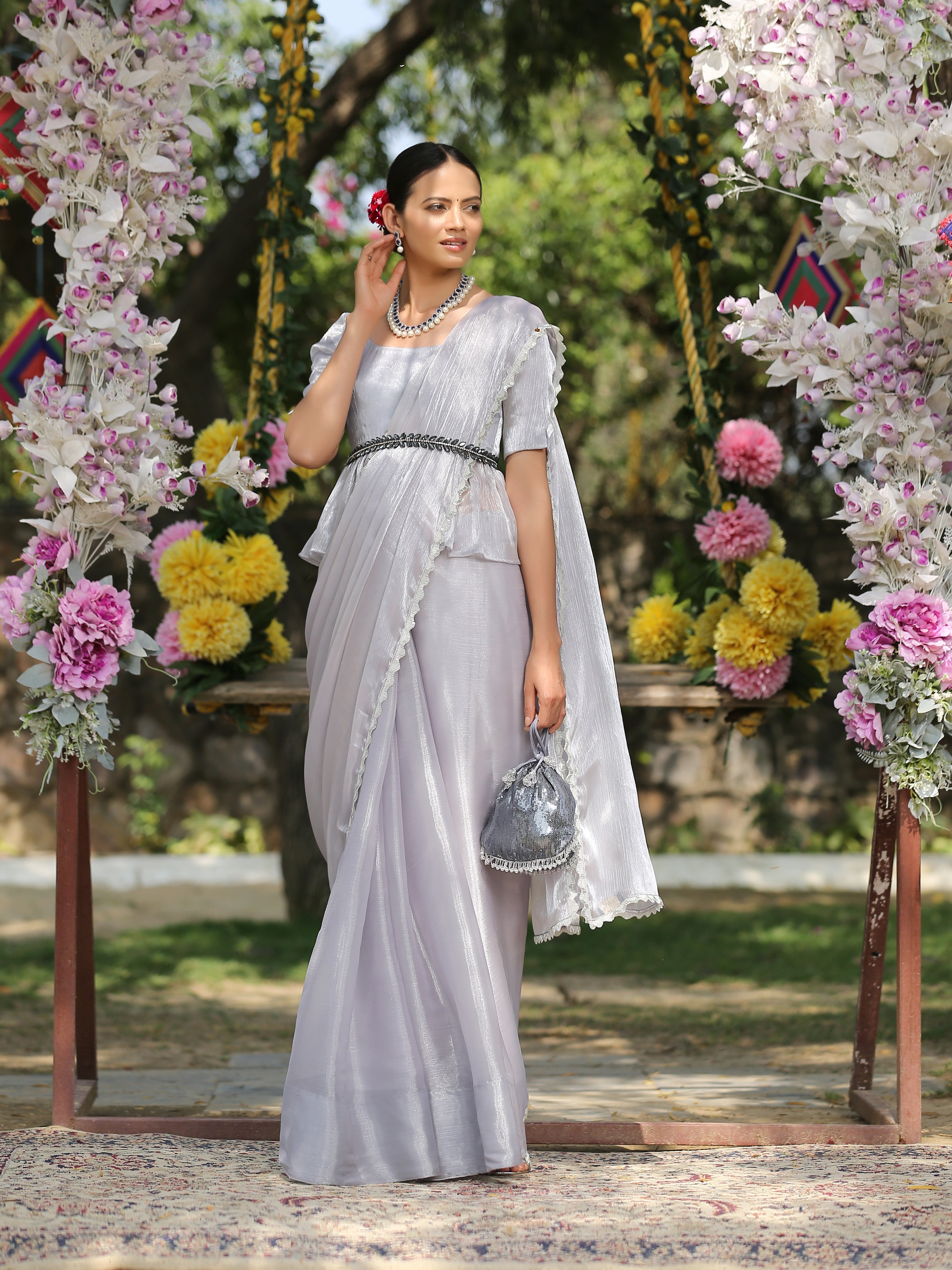 Silver Ice Saree with Lace