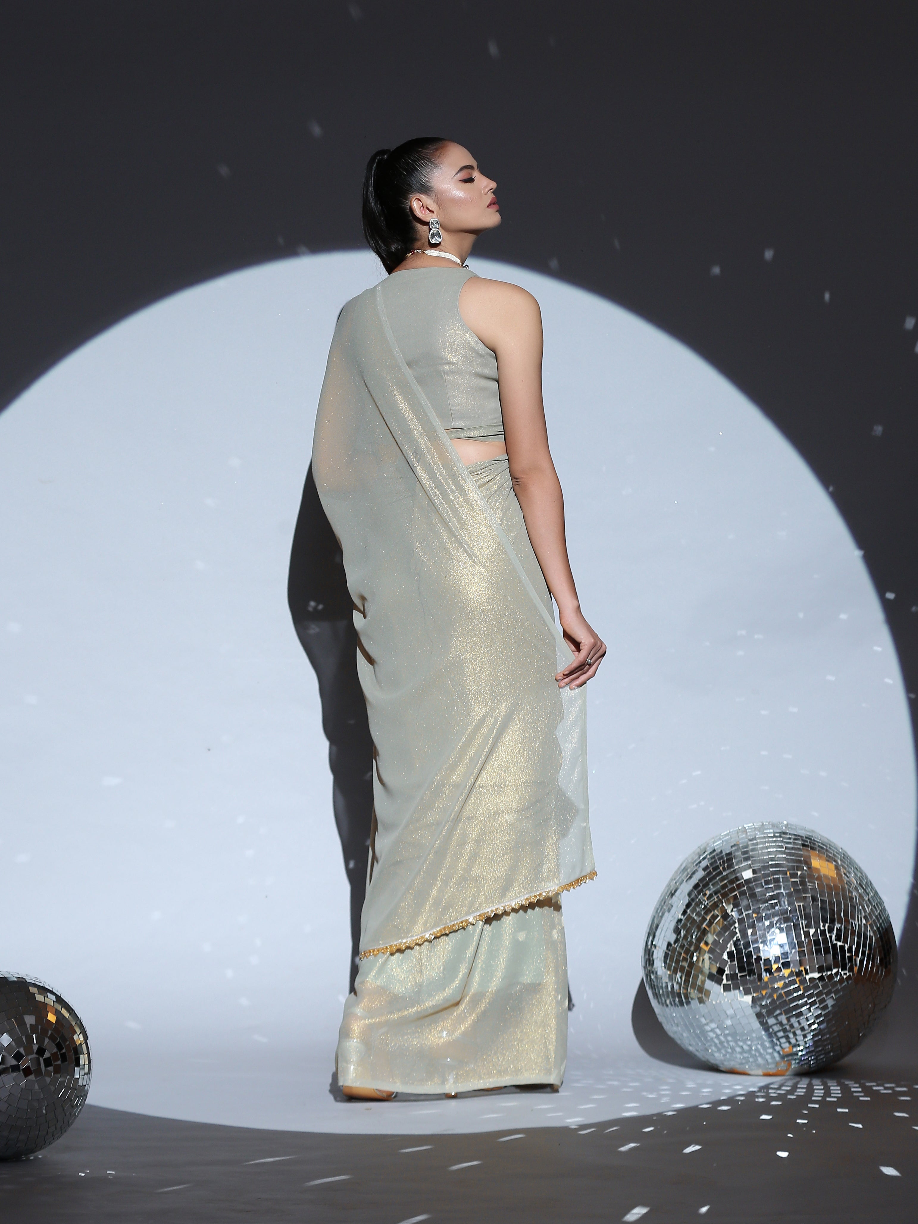 Pistachio gold chiffon saree with lace — view 2