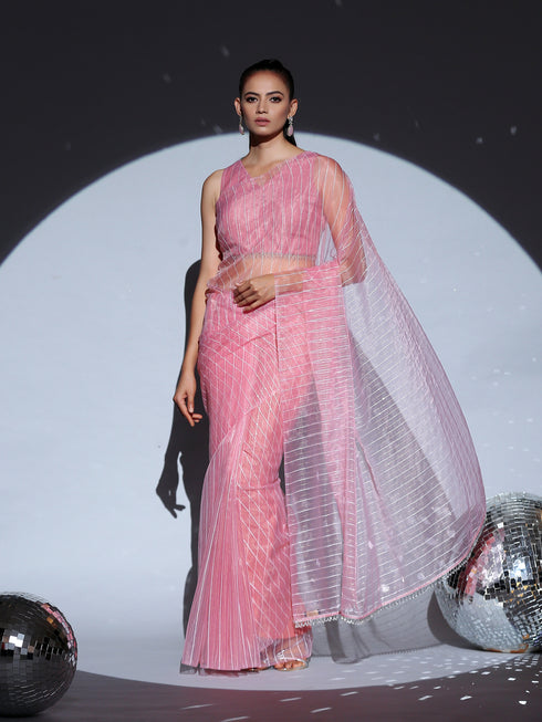 SET | Pink Sparkle Organza Saree + Pink sparkle blouse