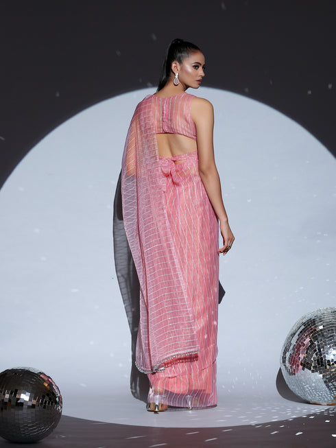 SET | Pink Sparkle Organza Saree + Pink sparkle blouse