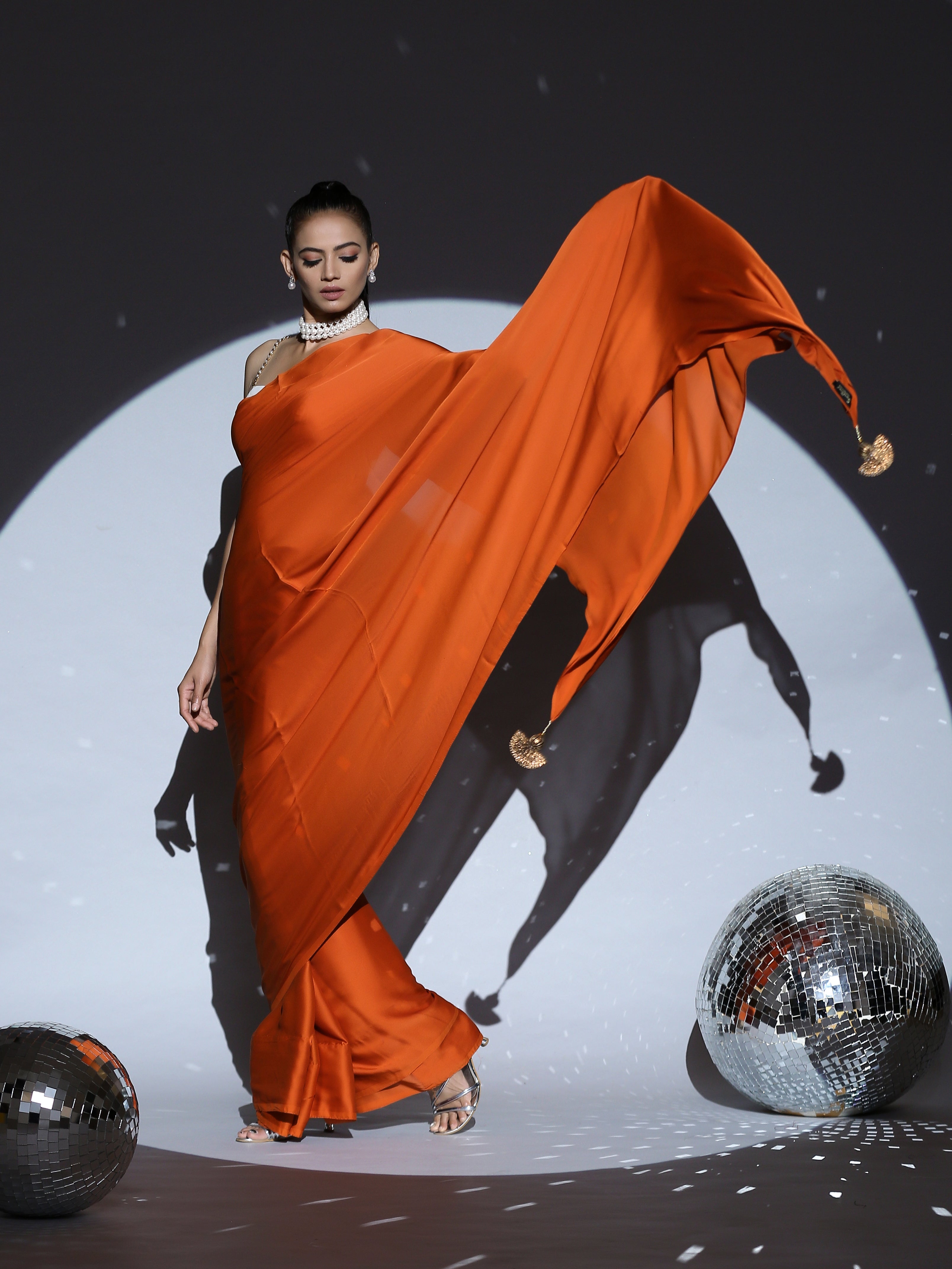 Pumpkin Spice Satin Saree with Pendants