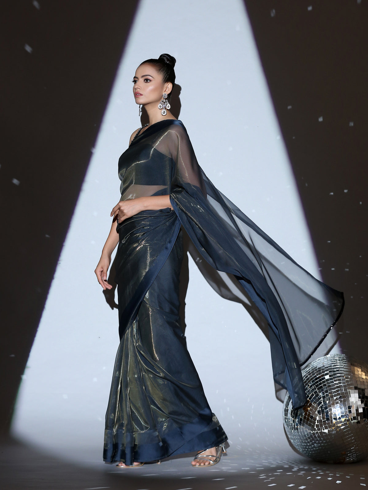 Cosmic blue illusion organza saree — view 6