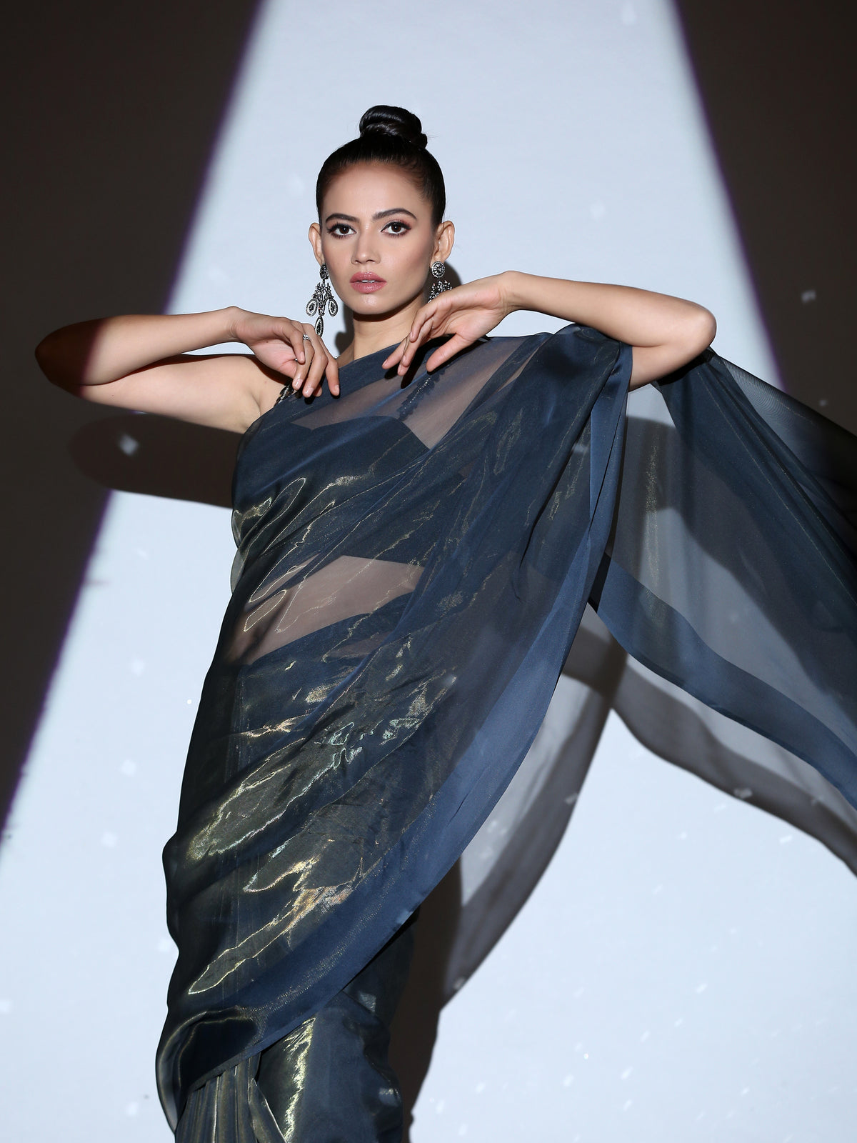 Cosmic blue illusion organza saree — view 4